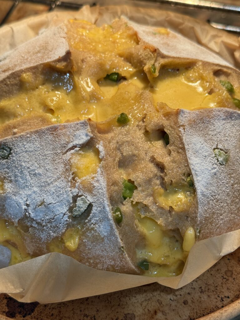 Jalapeno cheddar sourdough loaf, ooey gooey cheese