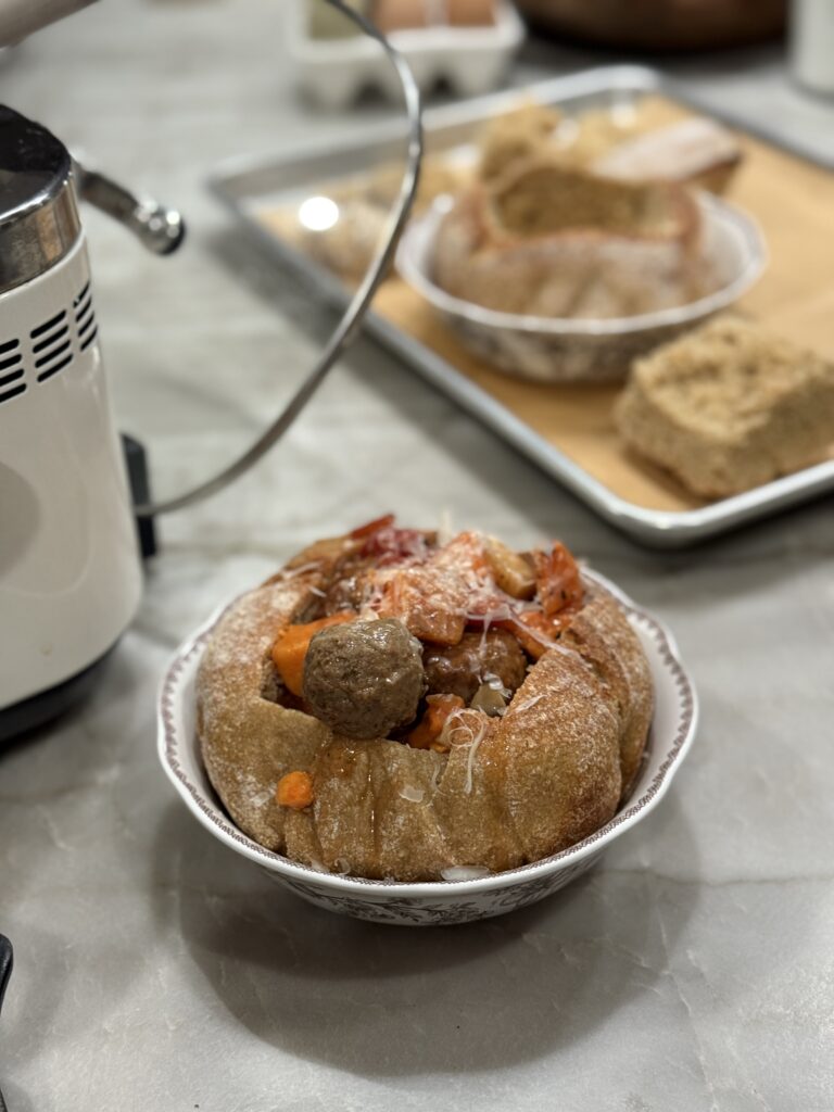 Sourdough bread bowls With harvest meatball stew