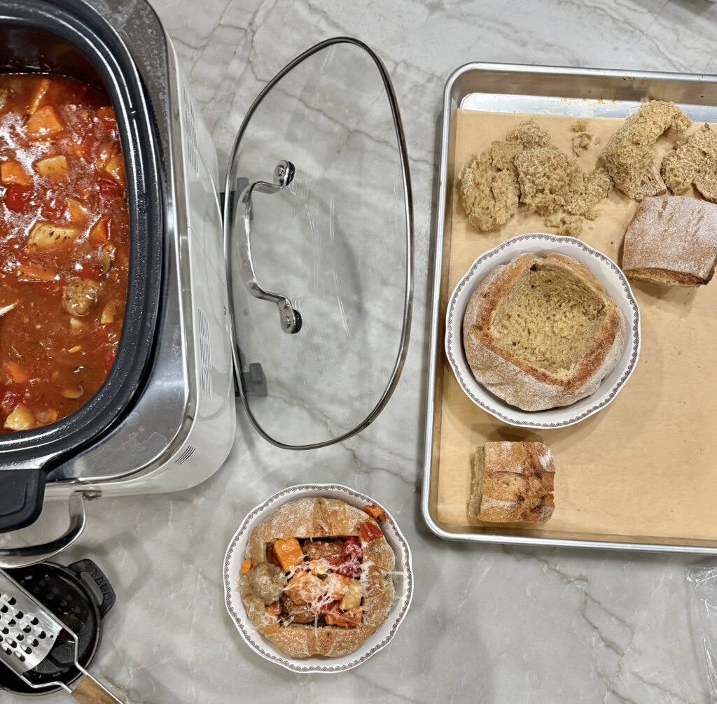 Sourdough bread bowls With harvest meatball stew