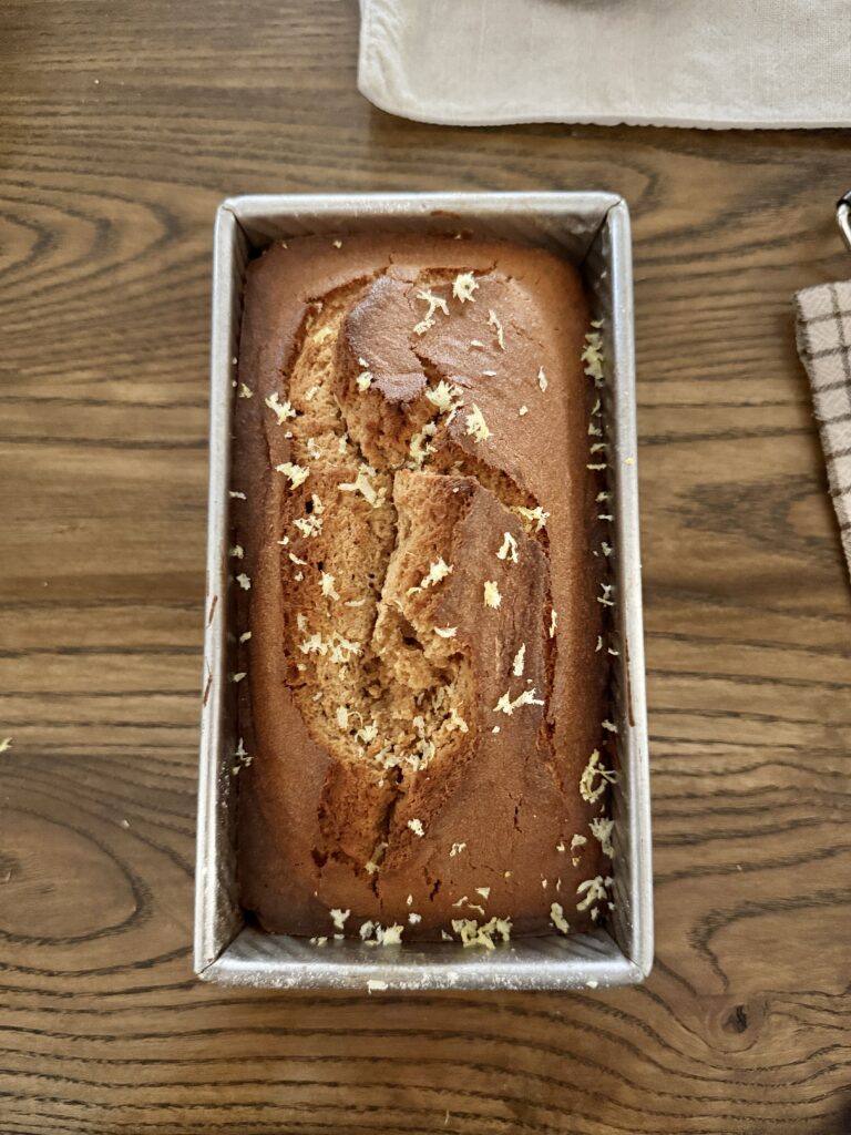 Lemon sour cream pound cake in a loaf pan
