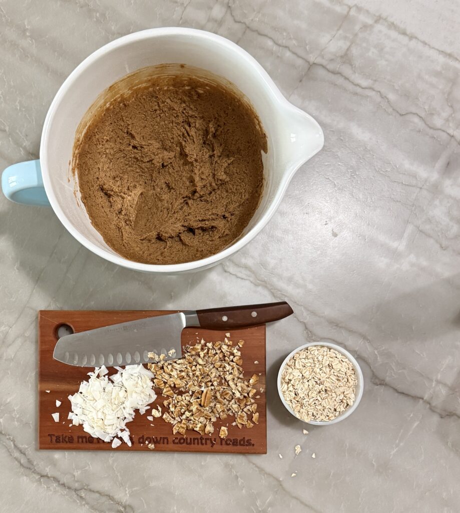 Unsweetened coconut flakes and chopped pecans